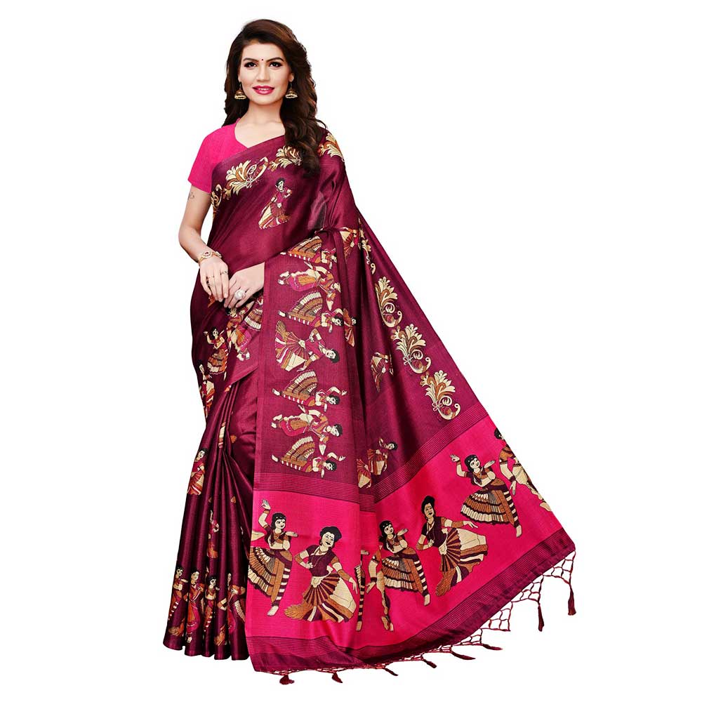 Wine Color Kathak Women's Khadi Silk Printed Saree With Blouse Piece