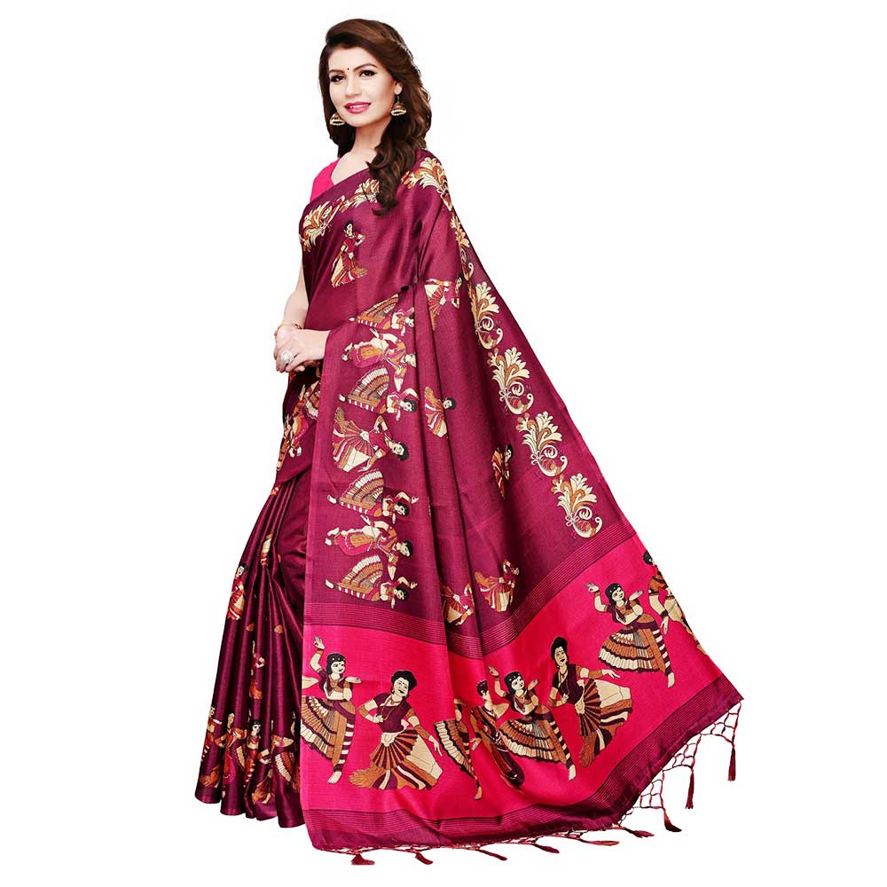 Wine Color Kathak Women's Khadi Silk Printed Saree With Blouse Piece