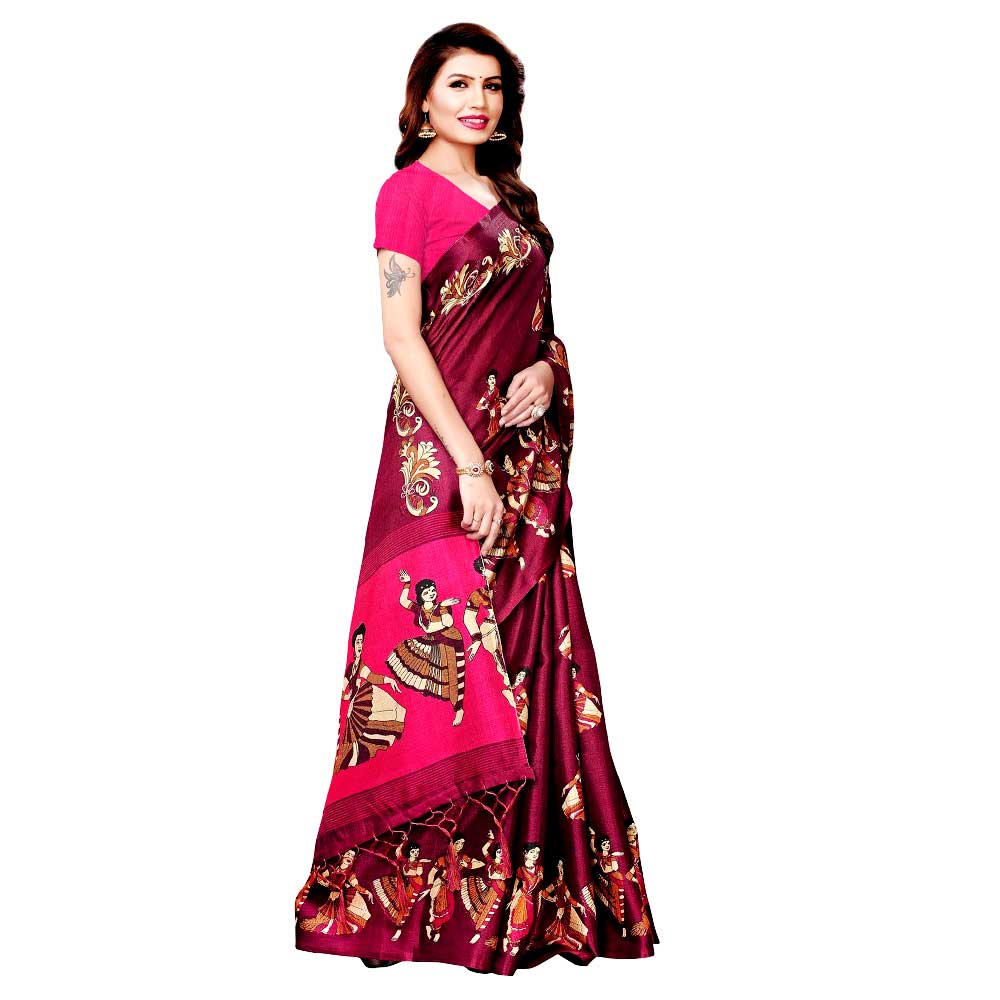 Wine Color Kathak Women's Khadi Silk Printed Saree With Blouse Piece