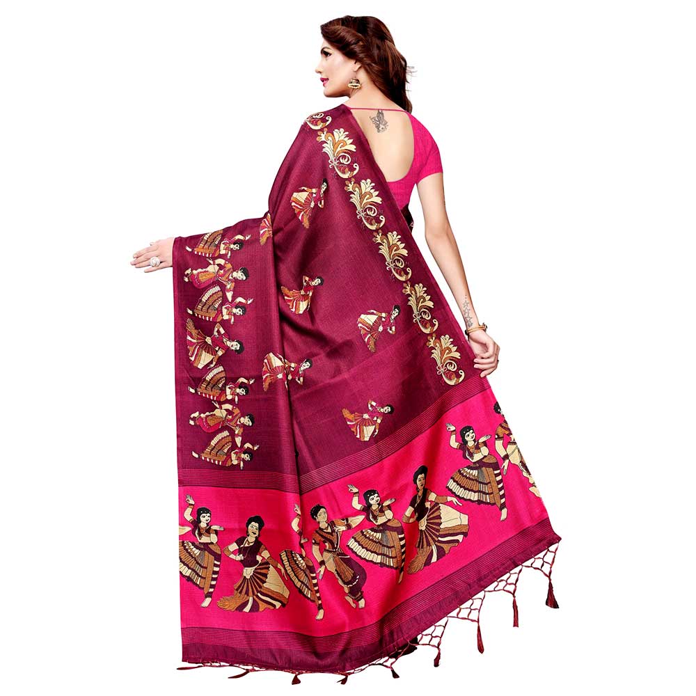 Wine Color Kathak Women's Khadi Silk Printed Saree With Blouse Piece