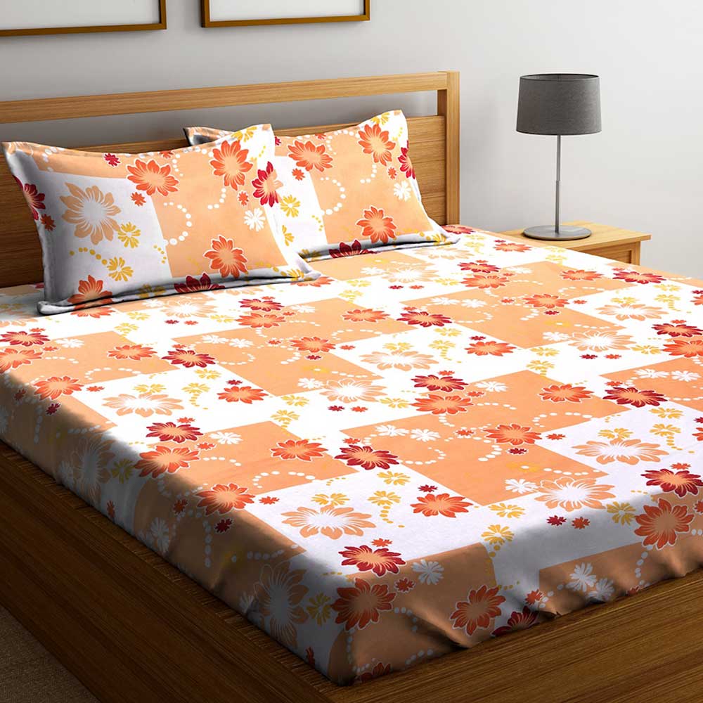 Orange Floral Square Blocks 104 TC Cotton 1 Queen Bedsheet with 2 Pillow Covers