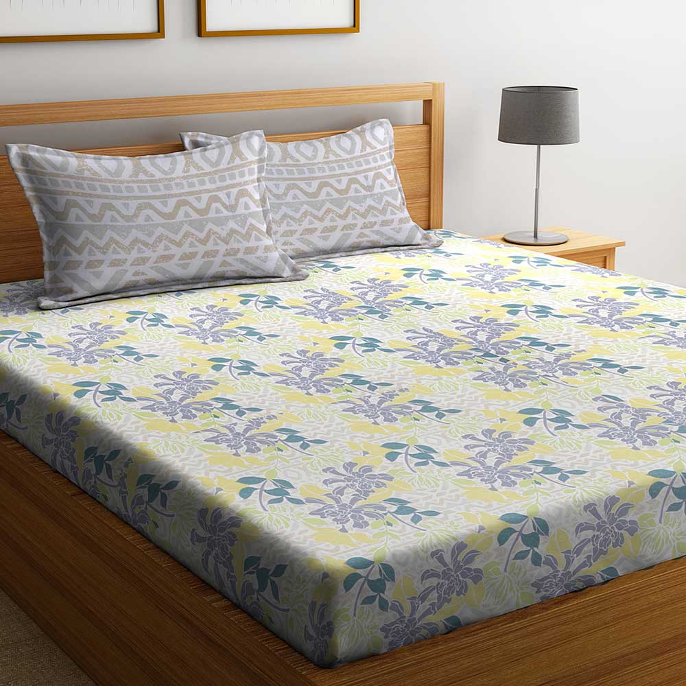 Purple Floral Abstract 104 TC Cotton 1 Queen Bedsheet with 2 Pillow Covers