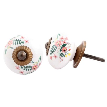 White Floral Leafy Painted Knob