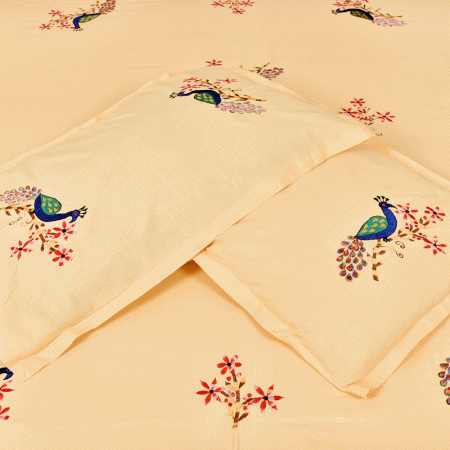 Cream Bed Linen With Peacock Design