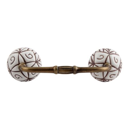 White Base Brown Etched Ceramic Floral Bridge Handle