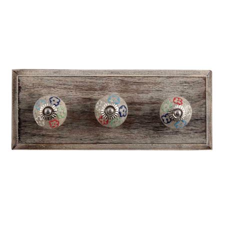 Multi Colored Floral Crackle Ceramic Wooden Hooks