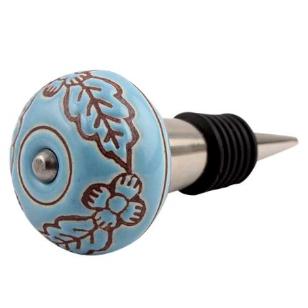 Turquoise Base Brown Leaf Flower Etched Ceramic Wine Stopper