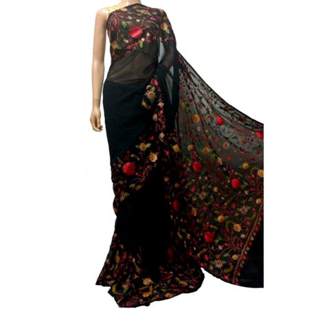 Black Color Designer Kashmiri Aari Work Embroidered Saree