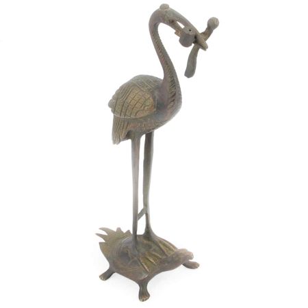 Vintage Bronze Crafted Sculpture Crane Standing on Turtle