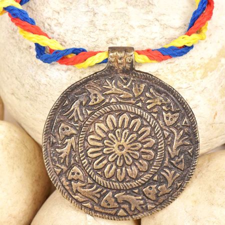 Bronze Circle Pendant with Flower Etched