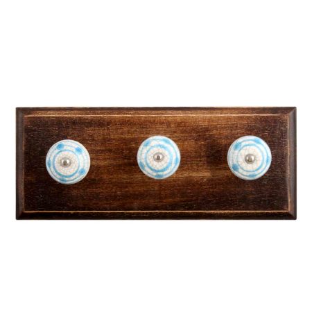 Blue Striped Polka Dot Crackle Ceramic Wooden Hooks
