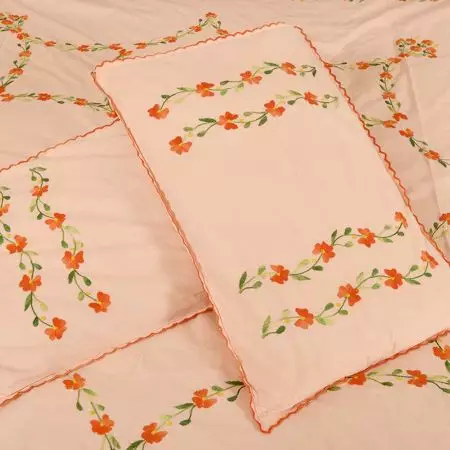 Peach Cotton Orange Petals Embroidered Double Bedsheet with Two Matching Pillow Case