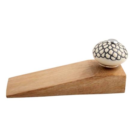 Cream And Black Etched Ceramic Wooden Door Stopper