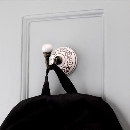 White With Brown Leaf Etched Ceramic Wall Hook