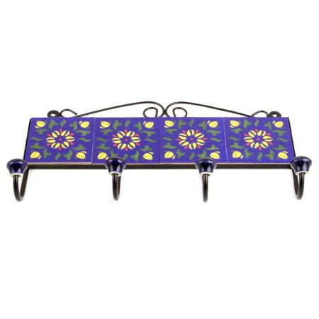 Navy Blue Yellow Floral Tiles Hooks 