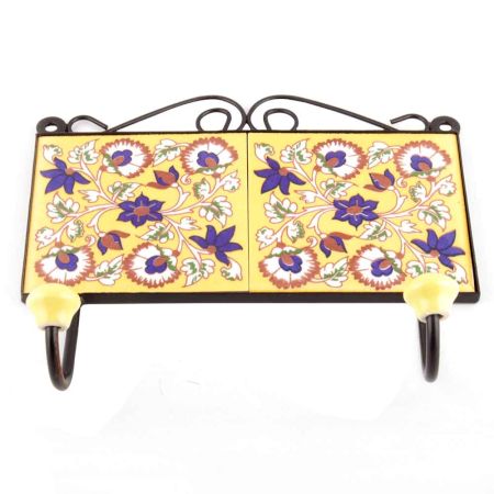 Yellow Navy Blue Floral Tiles Hooks