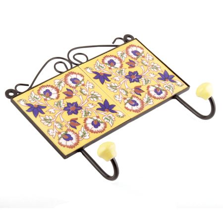 Yellow Navy Blue Floral Tiles Hooks