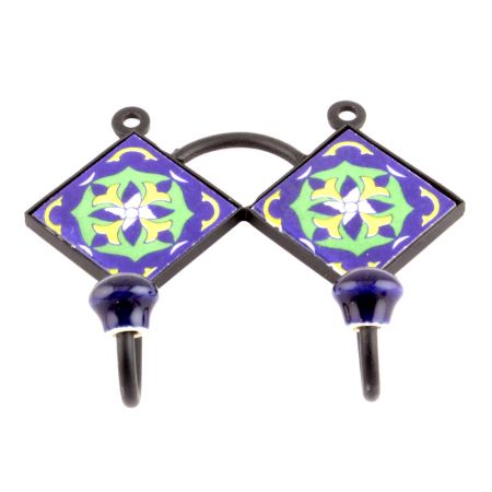  Navy Blue Yellow Floral Tiles Hooks