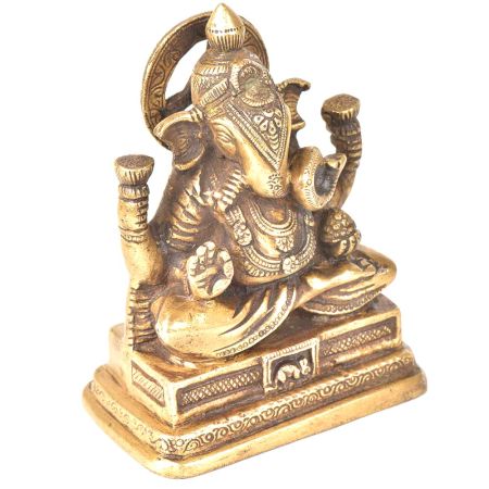 Brass Sitting Charbhuja Ganesha On a Raised Platform