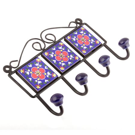 Navy Blue And Red Floral Tiles Hooks