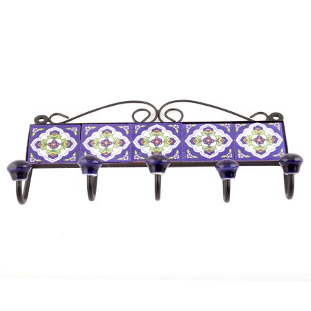 Navy Blue White Floral Tiles Hooks