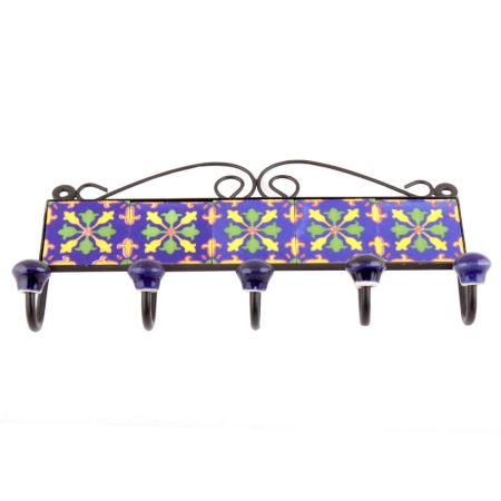 Navy Blue And Green Floral Tiles Hooks