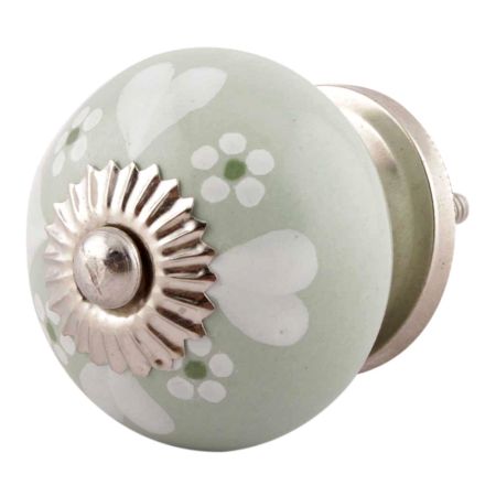 Sage Green Heart And Tiny Flower Ceramic Knobs