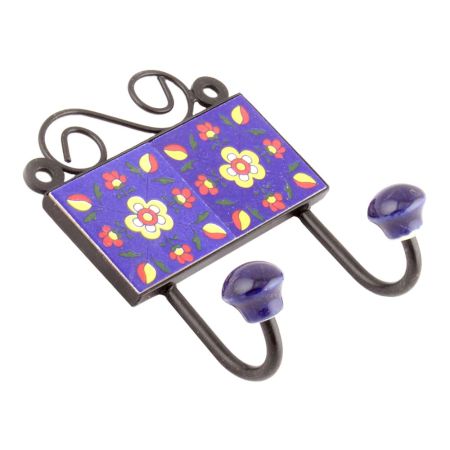 Navy Blue Floral Ceramic Tiles Hooks