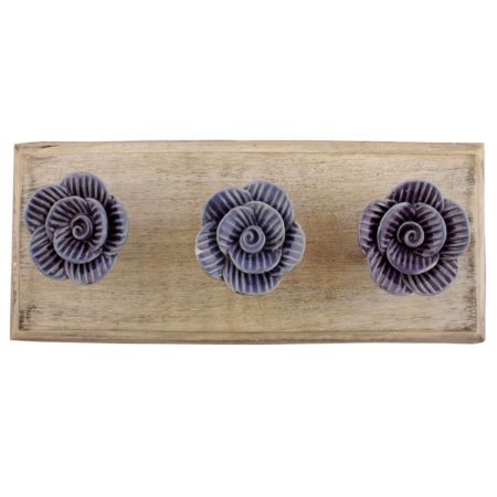 Purple Medium Rose Flower Ceramic Wooden Hooks 