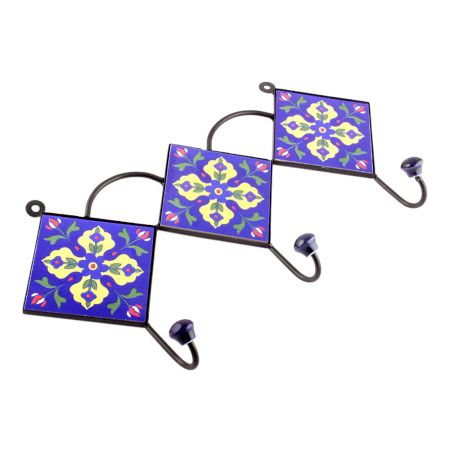 Navy Blue Triangle Ceramic Floral Tiles Hooks