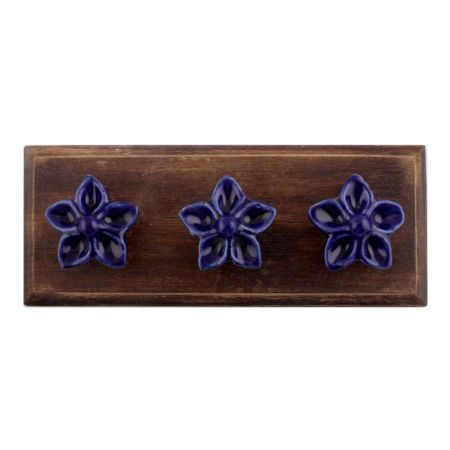 Navy Blue Flower Ceramic Wooden Hooks