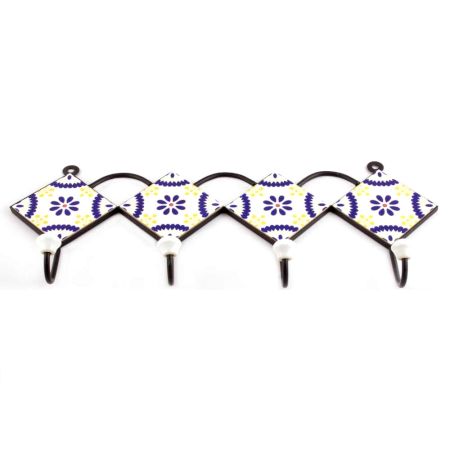 Navy Blue And White Tiny Flower Ceramic Tiles Hooks