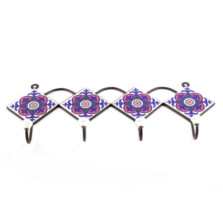 White And Navy Blue Ceramic Floral Tiles Hooks