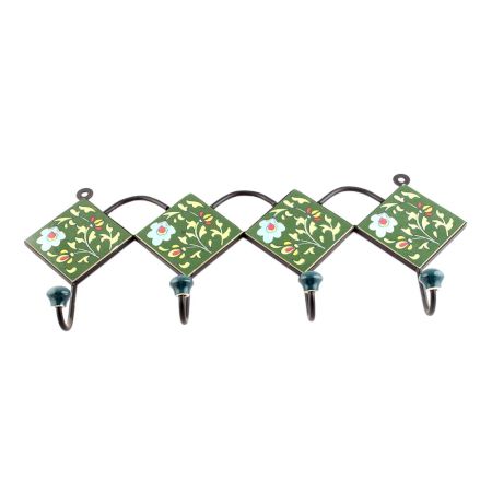 Forest Green And White Tiny Flower Ceramic Tiles Hooks