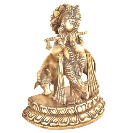 Brass Statue Of Lord Krishna Playing Flute With Cow