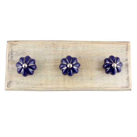 Navy Blue With Silver Line Medium Ceramic Melon Wooden Hooks
