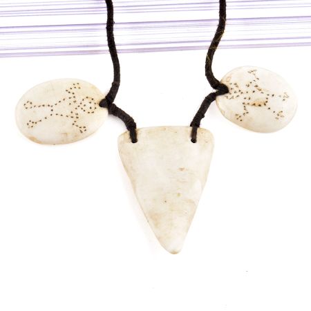 Tribal Figure Engraved 3 White Shell Necklace With Black Cord