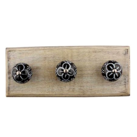 Black Ceramic Floral Wooden Hook