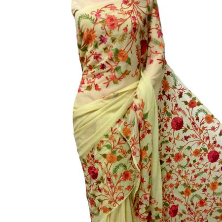 Lime White Hand Embroidered Georgette Sari