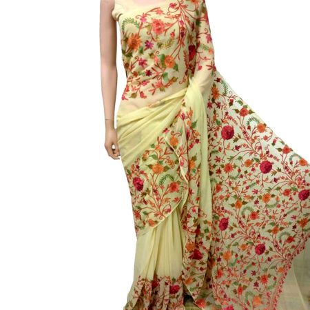 Lime White Hand Embroidered Georgette Sari