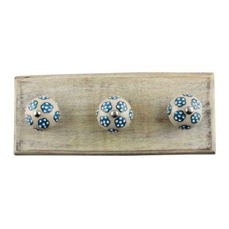 Turquoise Tiny Floral Ceramic Wooden Hook