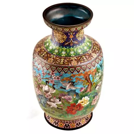 Blue Cloisonne Vase w/CRANES & Flower Blossoms