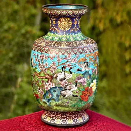 Blue Cloisonne Vase w/CRANES & Flower Blossoms