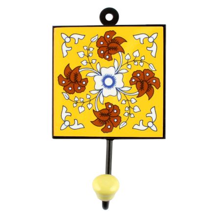 Yellow Base Brown Leaf Flower Ceramic Tile Hook