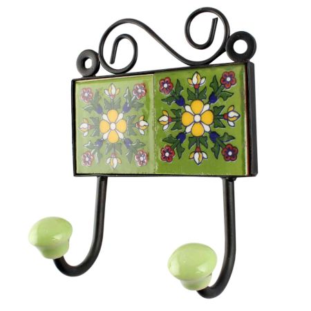 Ceramic floral Tile Hook in Pea Green