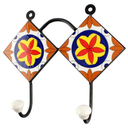 Ceramic Floral Tile Hook in Orange