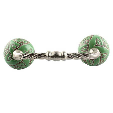 Pea Green Calla Lily Brown Etched Ceramic Cut Bridge Handle