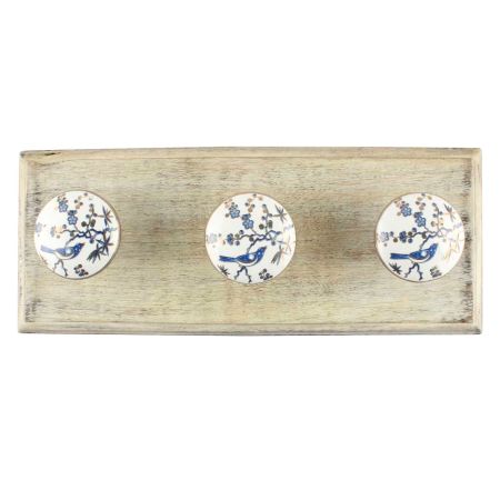 Slate Blue Bird Ceramic Floral Wooden Hook