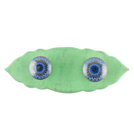 Green With Blue Peacock Ceramic Wooden Hook