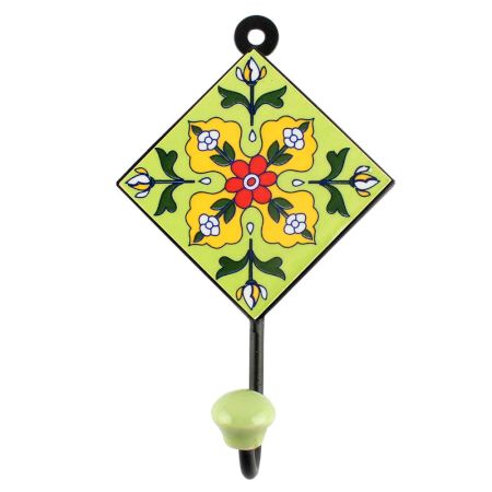 Ceramic Floral Tile Hook in Pea Green